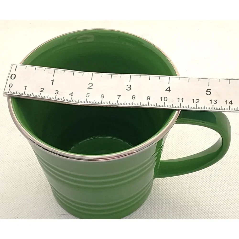 Starbucks 2007 Green Ceramic Coffee Mug 14 oz Silver Rim Ribbed Vintage Cup